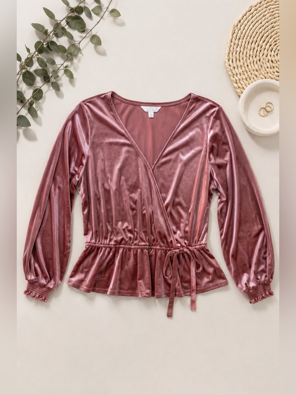 LC Lauren Conrad Velvet Wrap Peplum Blouse Rose Pink Size L